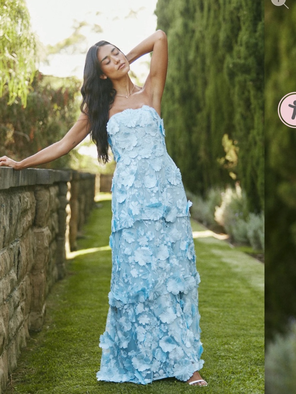 Revelry Strapless Light Blue Floral Appliqué Maxi Dress